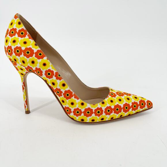 Manolo Blahnik Yellow Orange Floral Cotton BB Pointed Toe Stiletto Heels IT 37.5 - Picture 3 of 13